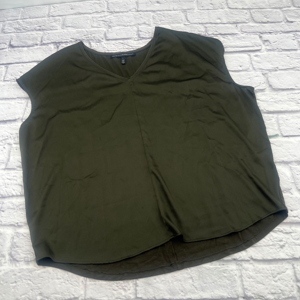 White House Black Market Women's Olive Green V-Neck Mixed Media Sleeveless Top L